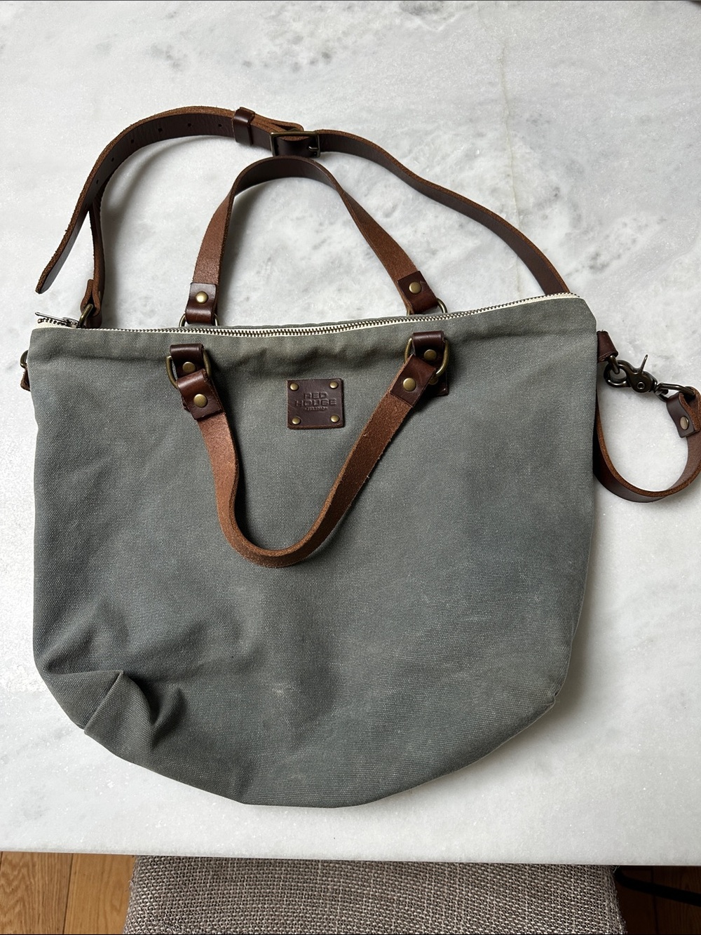 Gray Canvas Tote with Brown Leather Handles